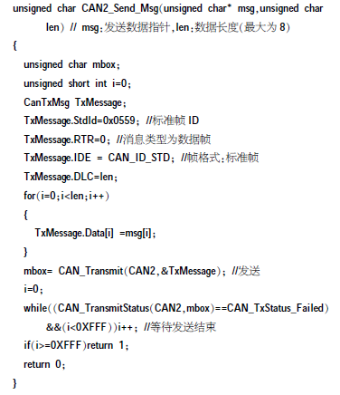 CAN2接口发送1帧数据的程序代码如图