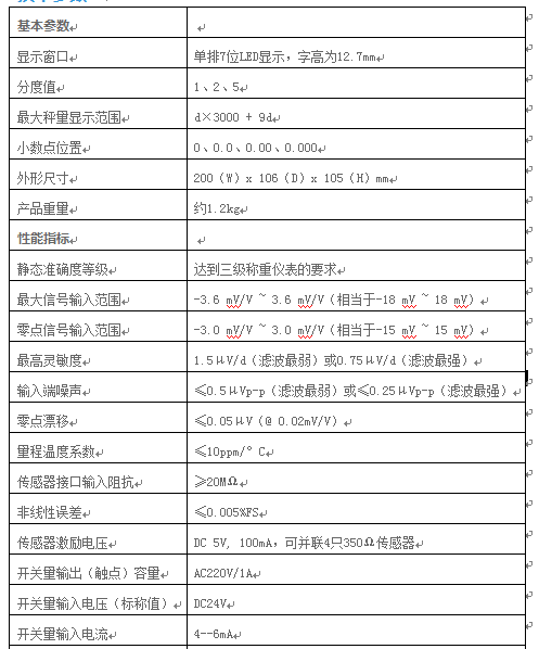 配料秤控制器技术参数图