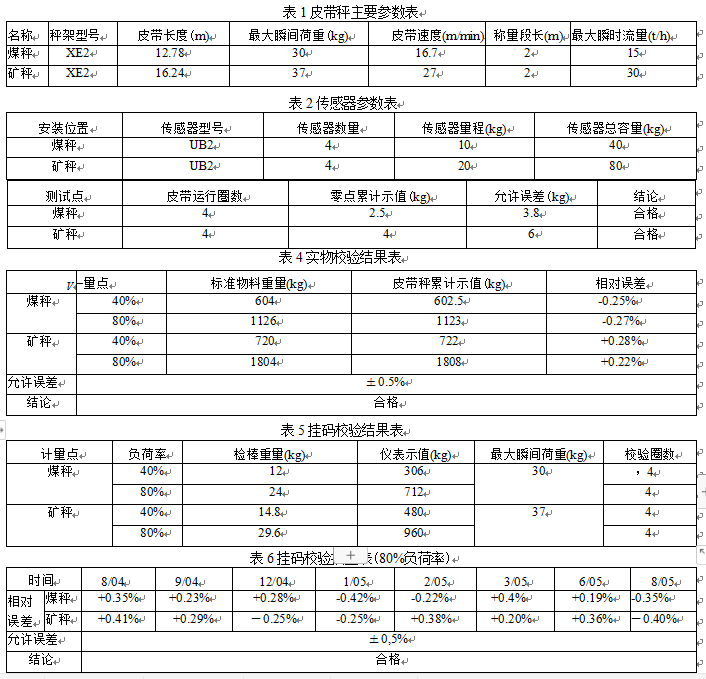 皮带秤主要参数表